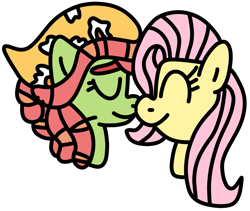 Size: 969x819 | Tagged: safe, artist:jadeharmony, imported from derpibooru, fluttershy, tree hugger, earth pony, pegasus, pony, bandana, boop, bust, duo, eyes closed, female, flutterhugger, lesbian, mare, noseboop, shipping, simple background, transparent background