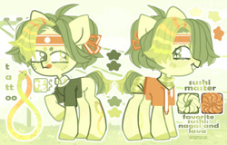 Size: 600x383 | Tagged: safe, artist:idkhesoff, imported from derpibooru, oc, oc only, earth pony, pony, :p, blushing, clothes, food, grin, headband, hoodie, male, markings, raised hoof, reference sheet, shirt, shorts, smiling, solo, stallion, stars, sushi, tattoo, tongue out