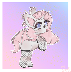 Size: 1200x1209 | Tagged: safe, artist:felinara, imported from derpibooru, oc, oc only, alicorn, bat pony, bat pony alicorn, pony, abdl, bat pony oc, bat wings, bipedal, clothes, ear tag, fishnets, foal, horn, pacifier, solo, stockings, thigh highs, wings