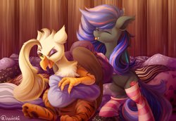 Size: 2652x1820 | Tagged: safe, artist:neonishe, imported from derpibooru, oc, oc only, oc:ebony rose, bat pony, griffon, pony, bat pony oc, clothes, cute, griffon oc, paw pads, pillow, socks, striped socks