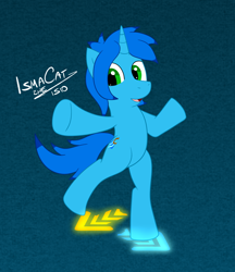 Size: 1364x1580 | Tagged: safe, artist:ismazhecat, imported from derpibooru, oc, oc only, oc:pumbi steps, unicorn, arrow, bipedal, blue, looking at you, pointing at you, raised hoof, simple background, smiling