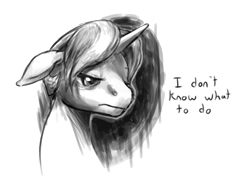 Size: 1200x900 | Tagged: safe, artist:multiverseequine, derpibooru exclusive, imported from derpibooru, oc, oc only, oc:golden trim, pony, unicorn, bust, dialogue, eyebrows, eyebrows visible through hair, eyelashes, floppy ears, horn, lidded eyes, looking down, male, monochrome, sad, simple background, solo, stallion, transparent background, vent art