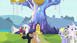 Size: 1280x720 | Tagged: safe, artist:mlp-silver-quill, imported from derpibooru, caesar, count caesar, fancypants, fleur-de-lis, lyrica lilac, oc, oc:silver quill, earth pony, hippogriff, unicorn, after the fact, after the fact:castle sweet castle, clothes, hat, male, megaphone, monocle, ponyville, stallion, suit, top hat, tour guide, twilight's castle