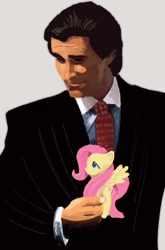 Size: 1355x2048 | Tagged: safe, artist:yumkandie, imported from twibooru, fluttershy, human, pegasus, pony, american psycho, clothes, crossover, female, image, male, mare, necktie, needs more jpeg, patrick bateman, simple background, suit