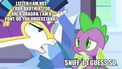 Size: 800x452 | Tagged: safe, edit, edited screencap, imported from derpibooru, screencap, shining armor, spike, dragon, pony, unicorn, the times they are a changeling, angry, armor, duo, male, mouthpiece, op is a duck, out of character, royal guard armor, sad, text