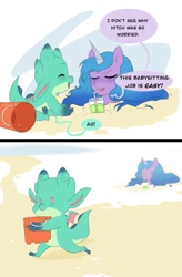 Size: 789x1200 | Tagged: safe, artist:aztrial, imported from derpibooru, izzy moonbow, dragon, pony, unicorn, 2 panel comic, baby, baby dragon, bucket, buried, comic, cup, cute, dialogue, drink, drinking straw, duo, duo male and female, eyebrows, eyebrows visible through hair, eyes closed, female, g5, implied hitch trailblazer, male, mare, my little pony: make your mark, open mouth, open smile, sand, smiling, sparky sparkeroni, speech bubble, this will end in death, this will end in tears, this will end in tears and/or death, this will not end well