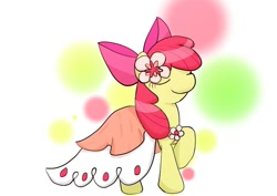 Size: 842x595 | Tagged: safe, artist:up_p_ab, imported from derpibooru, apple bloom, earth pony, pony, make new friends but keep discord, clothes, dress, eyes closed, female, filly, flower, foal, gala dress, raised hoof, simple background, solo