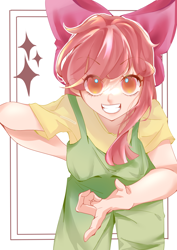 Size: 2894x4093 | Tagged: safe, artist:dbbest, imported from derpibooru, apple bloom, human, clothes, grin, humanized, looking at you, offscreen character, overalls, pov, shirt, smiling, solo, t-shirt