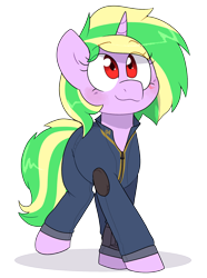Size: 1426x1920 | Tagged: safe, artist:2k.bugbytes, imported from ponybooru, oc, oc only, oc:iron sonata, pony, unicorn, fallout equestria, eye scar, fallout equestria: foal of the wastes, female, filly, foal, pipbuck, raised leg, scar, simple background, solo, stable jumpsuit, transparent background