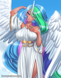 Size: 943x1200 | Tagged: safe, artist:racoonsan, imported from derpibooru, princess celestia, human, bare shoulders, big breasts, breasts, busty princess celestia, clothes, dress, eye clipping through hair, hair over one eye, horn, horned humanization, humanized, looking at you, smiling, smiling at you, solo, winged humanization, wings