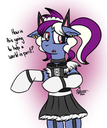 Size: 953x1137 | Tagged: safe, artist:whirlwindflux, imported from derpibooru, oc, oc:single slice, earth pony, pony, bipedal, cat ears, clothes, female, maid, mare, solo