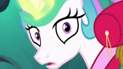 Size: 1280x720 | Tagged: safe, imported from derpibooru, screencap, princess celestia, alicorn, pony, between dark and dawn, big eyes, close-up, closeup on the face, clothes, cute, eye, eyelashes, eyes, face, hawaiian shirt, magic, magic aura, moments before disaster, open mouth, shirt