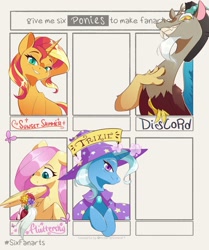 Size: 1976x2360 | Tagged: safe, artist:mindlessnik, artist:mindlesssketching, imported from derpibooru, discord, fluttershy, sunset shimmer, trixie, draconequus, pegasus, pony, unicorn, six fanarts, equestria girls, blushing, brooch, cape, clothes, cute, female, flower, grin, hat, implied discoshy, implied shipping, implied straight, jewelry, male, mare, slots, smiling, trixie's brooch, trixie's cape, trixie's hat