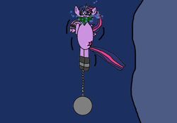 Size: 1369x956 | Tagged: safe, artist:mattjohn1992, imported from derpibooru, twilight sparkle, alicorn, pony, 1000 hours in ms paint, asphyxiation, ball and chain, bound wings, cloth gag, drowning, gag, help, help me, looking down, peril, sad, scared, shivering, sinking, struggling, terrified, tied up, underwater, wings, worried