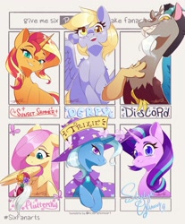 Size: 1976x2384 | Tagged: safe, artist:mindlessnik, artist:mindlesssketching, imported from derpibooru, derpy hooves, discord, fluttershy, starlight glimmer, sunset shimmer, trixie, butterfly, draconequus, pegasus, pony, unicorn, six fanarts, blushing, cape, clothes, cute, female, flower, grin, hashtag, hat, horn, horns, implied discoshy, implied shipping, implied straight, male, mare, name, signature, smiling, trixie's cape, trixie's hat