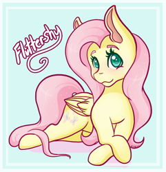 Size: 792x822 | Tagged: safe, artist:mscolorsplash, imported from derpibooru, fluttershy, pegasus, pony, blushing, crossed hooves, cute, female, folded wings, looking at you, lying down, mare, name, prone, shyabetes, smiling, solo, wings