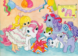 Size: 3400x2430 | Tagged: safe, artist:cathy beylon, imported from derpibooru, baby blossom, baby glory, baby surprise, megan williams, sparkler (g1), sundance, earth pony, human, pegasus, pony, unicorn, baby, baby adoraprise, baby blossomdorable, baby glorybetes, baby pony, balloon, book:baby firefly's adventure and other my little pony stories, bow, cute, female, filly, foal, g1, group, mare, megandorable, party, pin the tail on the pony, present, scan, sparklerdorable, streamers, sundawwnce, tail, tail bow, white dress