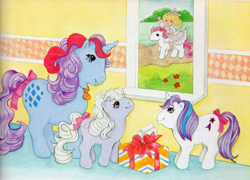 Size: 3400x2450 | Tagged: safe, artist:cathy beylon, imported from derpibooru, baby blossom, baby glory, megan williams, sparkler (g1), sundance, earth pony, human, unicorn, book:baby firefly's adventure and other my little pony stories, bow, female, filly, foal, g1, looking out the window, mare, present, scan, tail, tail bow, white dress, window