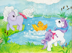 Size: 3400x2526 | Tagged: safe, artist:cathy beylon, imported from derpibooru, baby blossom, baby glory, duck soup, bird, duck, earth pony, unicorn, baby blossomdorable, baby glorybetes, book:baby firefly's adventure and other my little pony stories, bow, bubble, cattails, cute, female, filly, foal, g1, outdoors, pond, rain, reeds, scan, soupabetes, tail, tail bow, water