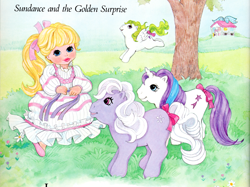 Size: 3000x2248 | Tagged: safe, imported from derpibooru, baby blossom, baby glory, baby surprise, megan williams, earth pony, human, pegasus, unicorn, book:baby firefly's adventure and other my little pony stories, bow, female, filly, foal, outdoors, tail, tail bow, text, tree, white dress