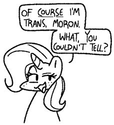 Size: 454x498 | Tagged: safe, artist:qoolguy, imported from derpibooru, trixie, pony, unicorn, black and white, dialogue, doodle, female, freckles, grayscale, lidded eyes, monochrome, open mouth, open smile, raised eyebrow, simple background, smiling, solo, trans female, trans trixie, transgender, transgender headcanon, white background