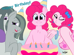 Size: 4098x3072 | Tagged: safe, artist:datzigga, imported from derpibooru, marble pie, pinkie pie, human, pony, equestria girls, birthday, birthday cake, birthday candles, blowing a kiss, cake, female, food, looking at you, mare, one eye closed, self paradox, self ponidox, wink, winking at you