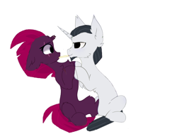Size: 1704x1288 | Tagged: safe, artist:decokenite, artist:little-sketches, imported from derpibooru, chancellor neighsay, fizzlepop berrytwist, tempest shadow, pony, unicorn, broken horn, chest fluff, chin fluff, duo, ear fluff, eye scar, female, holding hooves, hoof fluff, horn, just kiss already, male, mare, missing accessory, neck fluff, nibbling, scar, shipping, simple background, snack, sneaky, stallion, straight, tempest neighsay, white background