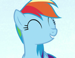 Size: 667x520 | Tagged: safe, imported from derpibooru, screencap, rainbow dash, pegasus, pony, all bottled up, season 7, best friends until the end of time, cropped, cute, dashabetes, eyes closed, female, light blue background, mare, simple background, smiling, solo