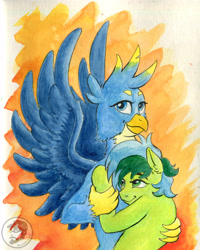 Size: 4271x5352 | Tagged: safe, artist:invalid-david, imported from derpibooru, gallus, sandbar, earth pony, griffon, pony, abstract background, duo, duo male, gallbar, gay, hug, male, shipping, traditional art, watercolor painting