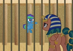 Size: 3000x2105 | Tagged: safe, artist:aleximusprime, imported from derpibooru, somnambula, oc, oc:storm streak, pegasus, pony, fanfic:let my ponies go, flurry heart's story, butt, cage, colt, duo, egyptian, egyptian headdress, egyptian pony, female, flying, foal, imprisoned, let my ponies go, looking at each other, male, mare, offspring, parent:oc:thunderhead, parent:rainbow dash, parents:canon x oc, parents:rainbowhead, plot, ruins, smiling, smiling at each other