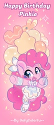 Size: 1200x2766 | Tagged: safe, artist:oofycolorful, imported from derpibooru, pinkie pie, earth pony, pony, balloon, bow, clothes, cute, diapinkes, dress, ear fluff, female, happy birthday, mare, open mouth, pinkie pie's birthday, solo