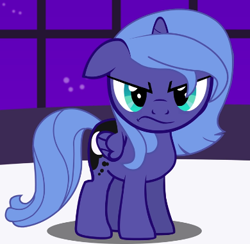 Size: 390x380 | Tagged: safe, artist:derek pony, imported from derpibooru, princess luna, alicorn, pony, angry, canterlot, cute, female, filly, filly luna, foal, horn, looking at you, luna is not amused, madorable, moon, night, stars, unamused, wings, woona, young luna, younger, youtube link