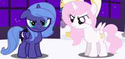 Size: 801x380 | Tagged: safe, artist:derek pony, imported from derpibooru, princess celestia, princess luna, alicorn, pony, angry, canterlot, cewestia, female, filly, filly celestia, filly luna, foal, horn, moon, night, pink-mane celestia, royal sisters, sibling rivalry, siblings, sisters, stars, sun, wings, woona, young, young celestia, young luna, younger, youtube link