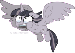 Size: 4000x2830 | Tagged: safe, artist:decprincess, artist:wardex101, edit, imported from derpibooru, twilight sparkle, alicorn, pony, starlight the hypnotist, spoiler:interseason shorts, crying, discorded, discorded twilight, female, floppy ears, flying, freaking out, high res, inkscape, simple background, solo, text, transparent background, twilight sparkle (alicorn), twilight tragedy, vector