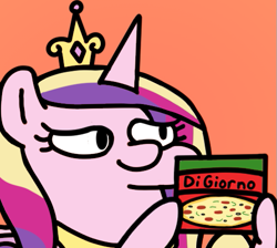 Size: 501x448 | Tagged: safe, artist:fluttershank, imported from derpibooru, princess cadance, alicorn, three's a crowd, canterlot wedding 10th anniversary, crown, digiorno, food, jewelry, meat, meme, peetzer, pizza, ponies eating meat, regalia, squatpony, that pony sure does love pizza