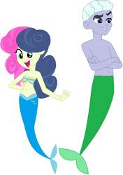 Size: 426x606 | Tagged: safe, artist:selenaede, artist:sturk-fontaine, imported from derpibooru, bon bon, sweetie drops, oc, oc:night train, mermaid, merman, equestria girls, base used, duo, female, fish tail, male, mermaid tail, mermay, simple background, tail, white background