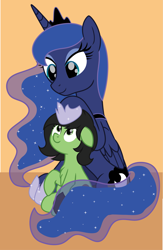 Size: 2713x4167 | Tagged: safe, anonymous artist, imported from derpibooru, princess luna, oc, oc:filly anon, alicorn, earth pony, pony, duo, duo female, earth pony oc, female, filly, foal, high res, looking at each other, looking at someone, ponybooru import, simple background, sitting, smiling, smiling at each other