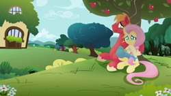 Size: 1920x1080 | Tagged: safe, anonymous artist, imported from derpibooru, big macintosh, fluttershy, oc, oc:late riser, earth pony, pegasus, pony, series:fm holidays, alternate hairstyle, apple, apple tree, arbor day, baby bottle, colt, family, female, fluttermac, fluttershy's cottage, foal, holding a pony, hoof hold, hoof on shoulder, lineless, male, mare, no pupils, offspring, outdoors, parent:big macintosh, parent:fluttershy, parents:fluttermac, shipping, smiling, stallion, straight, swaddling, tree, under the tree