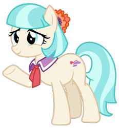 Size: 1644x1769 | Tagged: safe, artist:sketchmcreations, imported from derpibooru, coco pommel, earth pony, pony, made in manehattan, collar, female, flower, flower in hair, mare, raised hoof, simple background, smiling, solo, transparent background, vector