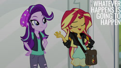Size: 1280x720 | Tagged: safe, edit, edited screencap, editor:quoterific, imported from derpibooru, screencap, starlight glimmer, sunset shimmer, human, equestria girls, mirror magic, spoiler:eqg specials, clothes, duo, duo female, eyes closed, female, geode of empathy, jacket, jewelry, leather, leather jacket, magical geodes, necklace, open mouth, open smile, smiling, statue, text