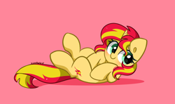 Size: 6680x3944 | Tagged: safe, artist:kittyrosie, imported from derpibooru, sunset shimmer, pony, unicorn, blushing, cute, lying down, on back, shimmerbetes, solo