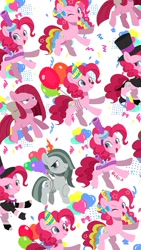 Size: 749x1331 | Tagged: safe, artist:efuji_d, imported from derpibooru, madame leflour, marble pie, pinkie pie, earth pony, pony, balloon, bowtie, clothes, confetti, female, frown, hat, mare, multeity, party hat, pinkamena diane pie, rainbow power, smiling, spats, tiled background, too much pink energy is dangerous, top hat, tuxedo