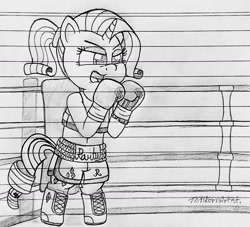 Size: 1280x1160 | Tagged: safe, artist:ct1443ae, imported from derpibooru, rarity, semi-anthro, unicorn, boxers, boxing, boxing gloves, boxing ring, boxing shorts, clothes, lined paper, mouth guard, open mouth, pencil drawing, shoes, shorts, sports, traditional art, underwear