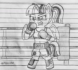 Size: 1280x1164 | Tagged: safe, artist:ct1443ae, imported from derpibooru, twilight sparkle, alicorn, boxers, boxing, boxing gloves, boxing ring, boxing shorts, clothes, lined paper, pencil drawing, shoes, shorts, solo, sports, traditional art, twilight sparkle (alicorn), underwear