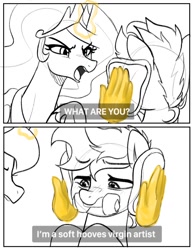 Size: 992x1280 | Tagged: safe, artist:maren, imported from derpibooru, princess celestia, oc, oc:blue chewings, alicorn, earth pony, pony, 2 panel comic, bread, chew toy, comic, duo, female, food, gordon ramsay, hand, hooves debate, idiot sandwich, lineart, magic, magic hands, mare, meme, partial color, simple background, soft hooves, subtitles, white background