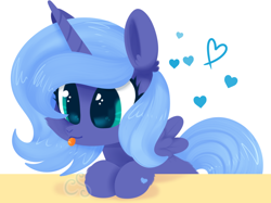 Size: 1282x958 | Tagged: safe, artist:cutiesparke, imported from derpibooru, princess luna, alicorn, pony, :p, big eyes, ear fluff, female, filly, foal, heart, hoof heart, hooves on the table, simple background, solo, spread wings, table, tongue out, white background, wings, woona, young luna, younger