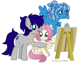 Size: 990x800 | Tagged: safe, artist:jennieoo, imported from derpibooru, oc, oc:gentle star, oc:maverick, oc:ocean soul, earth pony, pegasus, pony, :3, cute, flying, happy, ocbetes, painting, pointing, ponytail, show accurate, simple background, transparent background, vector