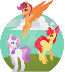 Size: 1280x1419 | Tagged: safe, artist:ryrxian, imported from derpibooru, apple bloom, scootaloo, sweetie belle, earth pony, pegasus, pony, unicorn, bow, cutie mark crusaders, deviantart watermark, female, filly, foal, hair bow, mare, obtrusive watermark, simple background, transparent background, watermark