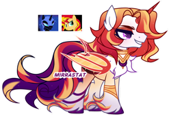 Size: 1280x876 | Tagged: safe, artist:mirrastat, imported from derpibooru, nightmare moon, sunset shimmer, oc, alicorn, pony, alicorn oc, base used, eyelashes, female, grin, horn, magical lesbian spawn, makeup, male, mare, offspring, parent:nightmare moon, parent:sunset shimmer, simple background, smiling, stallion, transparent background, unshorn fetlocks, wings