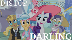 Size: 1280x720 | Tagged: safe, edit, edited screencap, editor:quoterific, imported from derpibooru, screencap, golden gavel, pish posh, rarity, silver frames, swan song, vance van vendington, earth pony, pony, unicorn, sweet and elite, alphabet, darling, female, hat, male, mare, stallion